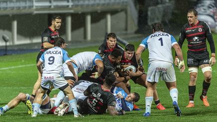 Antoine Dupont et Julien Marchand sous le maillot du Stade toulousain face à Bayonne, le samedi 5 décembre 2020. (COUDERT/SPORTSVISION/SIPA)