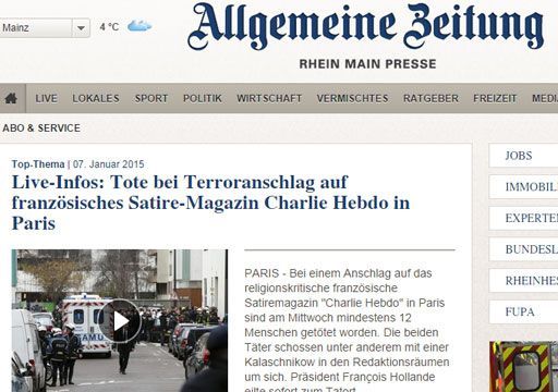 La Une du journal allemand Allgemeine Zeitung après l'attentat contre Charlie Hebdo le 7 janvier 2015. (dr)