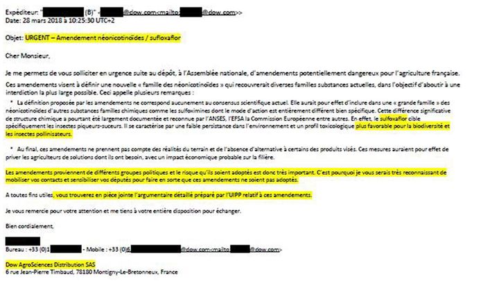 Mail de la firme Dow Chemical pour défendre le sulfoxaflor, un pesticide tueur d’abeilles. (RADIOFRANCE)