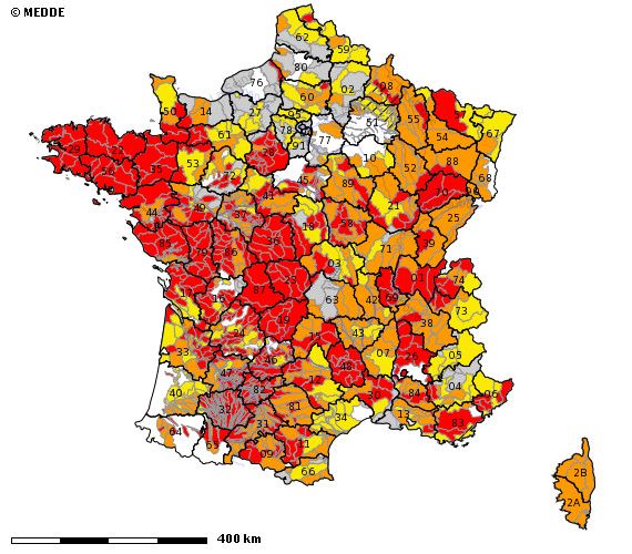 Carte des niveaux de restrictions par bassin hydrologique, mis à jour le 26 septembre 2022. (Ministère de la Transition écologique)