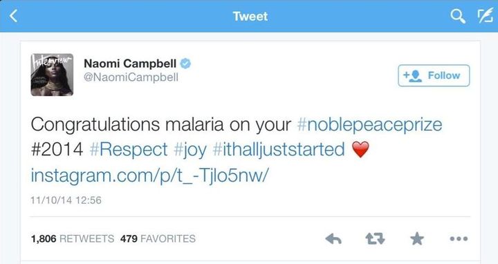 Naomi Campbell a envoy&eacute; ce tweet, samedi 11 octobre 2014, sans se rendre compte de l'erreur qui s'y &eacute;tait log&eacute;e. (NAOMI CAMPBELL / TWITTER)