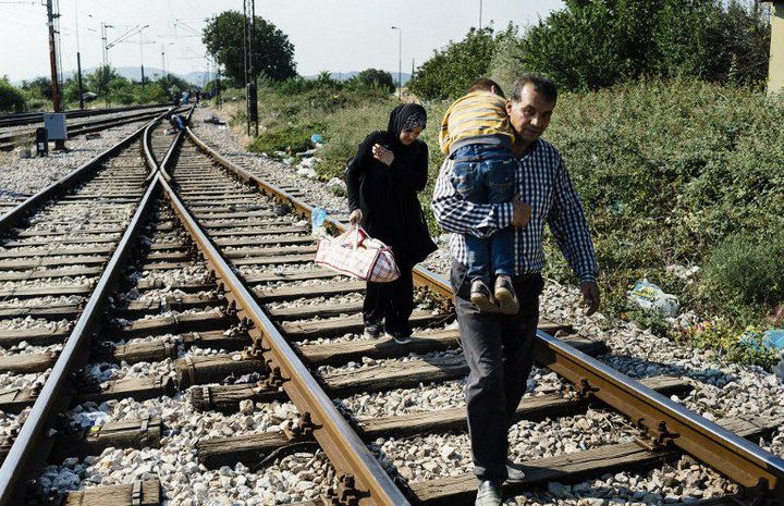 Gevgelija, le 13 août 2015. Des migrants à la recherche d'un train vers la Serbie dans cette ville de Macédoine. (DIMITAR DILKOFF / AFP)