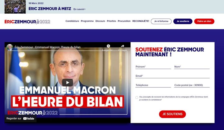 Le site de campagne d'Eric Zemmour, dont l'infrastructure est gérée par NationBuilder. (FRANCEINFO)