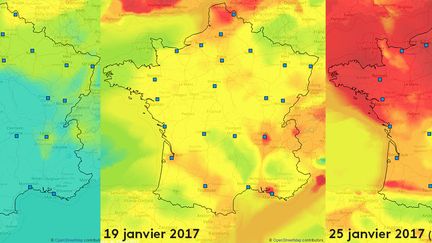 La pollution aux particules fines en France, fin janvier 2017. (PREV'AIR / FRANCEINFO)