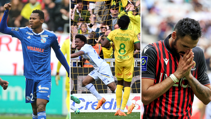 Habib Diallo (Strasbourg), Samuel Moutoussamy (Nantes) et Gaëtan Laborde (Nice), lors de la 32e journée de Ligue 1, le 23 avril 2023. (AFP)