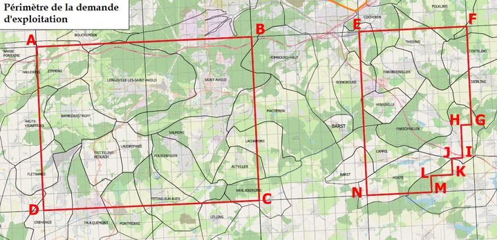 Le périmètre de la demande d'exploitation déposée par La Française de l'énergie couvre 200 km². (APEL57)