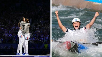 Sara Balzer and Manon Apithy-Brunet (left) after their sabre final and Nicolas Gestin (right), Olympic canoe slalom champion, on July 29, 2024 at the Paris Olympics. (AFP)