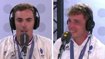 Les Français Christophe Laporte (à gauche) et Valentin Madouas (à droite), dans le studio de franceinfo au Club France, le 3 août 2024. (FRANCEINFO / RADIOFRANCE)