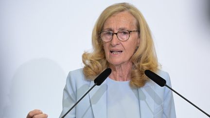 The resigning Minister of National Education, Nicole Belloubet, on August 27, 2024 during a press conference in Paris. (BERTRAND GUAY / AFP)