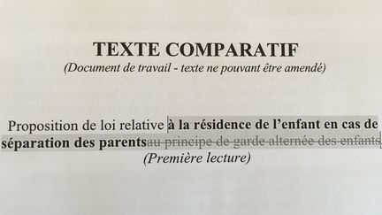 La proposition de loi MoDem, appelée à être débattue à l'Assemblée nationale, a été fortement modifiée en commission des lois, jusque dans son intitulé. Elle se rapporte désormais à la "résidence de l'enfant en cas de séparation des parents" et non plus "au principe de garde alternée".&nbsp; (Emilie Gautreau / franceinfo)