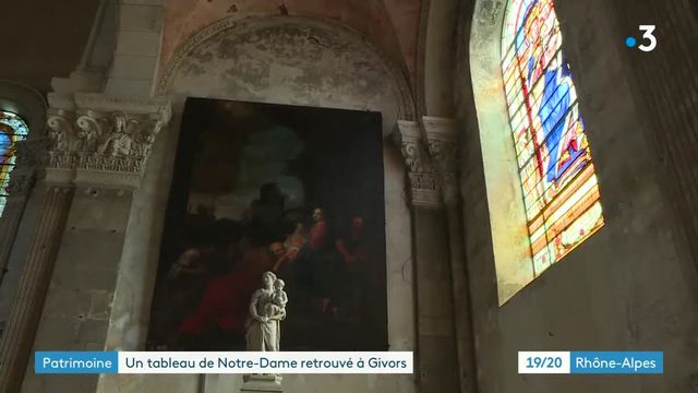 C'est un pan d'histoire qui vient de s'éclaircir à Givors... Un tableau perdu de Notre Dame de Paris vient d'être identifier dans l'église St Nicolas en cours de restauration...
ce tableau commandé au peintre Vivien a orné les murs de la cathédrale parisienne jusqu'à la révolution française