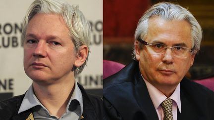 Julian Assange (&agrave; g.), fondateur de WikiLeaks, sera d&eacute;fendu par le juge espagnol Baltasar Garz&oacute;n. (CARL COURT / AFP)