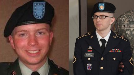 A gauche, Bradley Manning, informateur de WikiLeaks, avant son arrestation en 2010. A droite, le soldat am&eacute;ricain&nbsp;lors d'une audience de requ&ecirc;te,&nbsp;le 15 mars 2012 &agrave; Fort Meade (Maryland, Etats-Unis). (BRENDAN SMIALOWSKI / AFP)