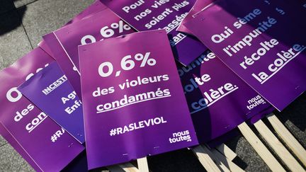 Des pancartes du collectif fémiiste NousToutes avant un rassemblement contre le violences envers les femmes , le 19 novembre 2022. (JULIEN DE ROSA / AFP)