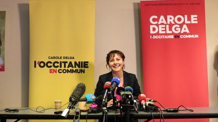 La présidente sortante de la région Occitanie, Carole Delga, au soir du premier tour, à Toulouse, le 20 juin 2021.&nbsp; (MATTHIEU RONDEL / HANS LUCAS / AFP)