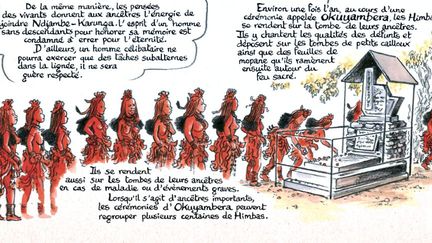 Son nom est Ndjambe ou Karunga ou même Ndjambe-Karunga. Mais ils ne peuvent pas lui parler directement. Pour l’atteindre, ils s’adressent donc aux ancêtres. Sans de bonnes relations avec ses ancêtres, impossible d’avoir la bénédiction de Ndjambe-Karunga. (La Boîte à Bulles - Simon Hureau/Solenn Bardet )