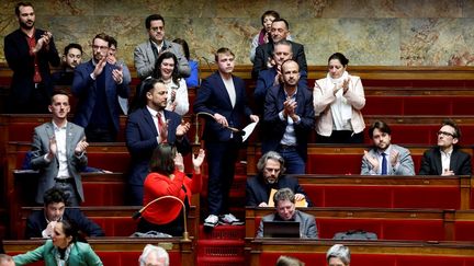 Des députés La France insoumise lors des questions au gouvernement le 7 février 2023; à l'Assemblée nationale. (LUDOVIC MARIN / AFP)