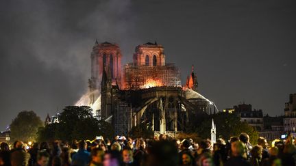 Les pompiers&nbsp;tentent d'éteindre&nbsp;l'incendie de la cathédrale Notre-Dame de Paris,&nbsp;le 15 avril 2019. (ERIC FEFERBERG / AFP)