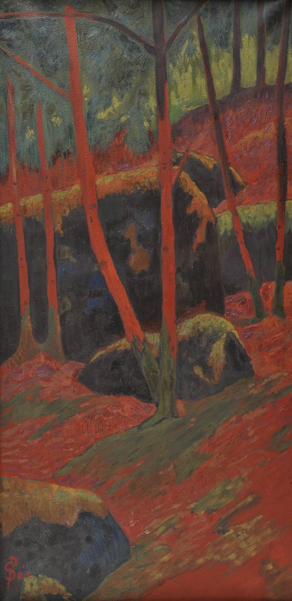 Paul S&eacute;rusier, "Le Bois rouge", huile sur carton, 1895, 120 x 60 cm, collection particuli&egrave;re. (C&J GORCE  DROITS RÉSERVÉS  )