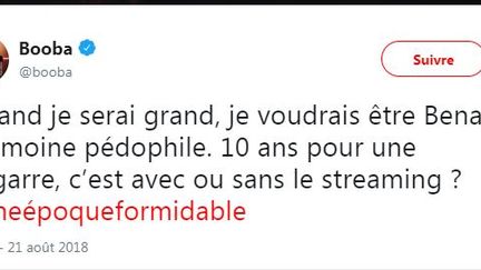 L'avocat de Booba explique que c'est la manager du rappeur qui a rédigé le tweet ironique mardi, alors que le chanteur est actuellement en prison. (CAPTURE D'ÉCRAN / TWITTER)