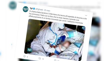 L'infirmière italienne Katia Sandroni photographiée alors qu'elle s'occupe d'un bébé atteint du Covid-19, en mars 2021. (CAPTURE D'ECRAN TWITTER)