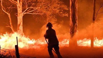 Un pompier face aux incendies monstres qui ravagent l'Australie, le 31 décembre 2019. (SAEED KHAN / AFP)