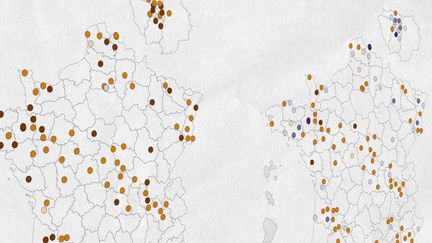 Carte des centres hospitaliers français abritant un service d'urgence en difficulté, au samedi 4 juin, selon&nbsp;le&nbsp;syndicat Samu-Urgences de France (SUdF). (ELLEN LOZON / FRANCEINFO)