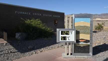 The thermometer shows 51°C at the Furnace Creek Visitor Center, in Death Valley in California (United States), June 6, 2024. (TAYFUN COSKUN / ANADOLU / AFP)