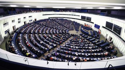 L'hémicycle du Parlement européen de Strasbourg (Bas-Rhin), le 7 juin 2022. (DURSUN AYDEMIR / ANADOLU AGENCY / AFP)