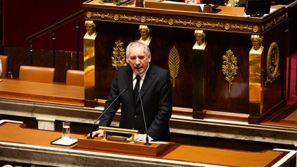 Le Premier ministre François Bayrou lors de sa déclaration de politique générale devant l'Assemblée nationale, le 14 janvier 2025. (TELMO PINTO/NURPHOTO/AFP)