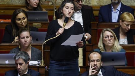 MP Charlotte Leduc (LFI), also special rapporteur for the parliamentary report on the fight against tax evasion, at the National Assembly, in Paris, February 13, 2023. (LUDOVIC MARIN / AFP)