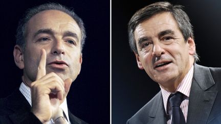 Le pr&eacute;sident proclam&eacute; de l'UMP, Jean-Fran&ccedil;ois Cop&eacute;, et l'ancien Premier ministre, Fran&ccedil;ois Fillon.&nbsp; (NICOLAS TUCAT / XAVIER LEOTY / AFP)