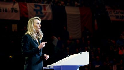 Marion Maréchal, head of the list of the far-right Reconquête party, during a meeting for the June European elections, at the Palais des Sports in Paris, March 10, 2024. (EMMANUEL DUNAND / AFP)