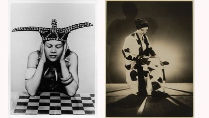 A droite : La mode au Congo&nbsp;1937-1980 (Milan, collection particulière, Fondazione Marconi) et à gauche,&nbsp;Elsa Schiaparelli&nbsp;vers 1933 (Marseille, musée Cantini) (MAN RAY 2015 TRUST / ADAGP, PARIS 2019)