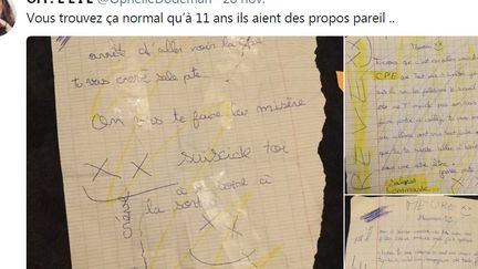 Capture d'écran d'un tweet présentant les lettres de menaces&nbsp;qu'une collégienne affirmait avoir reçues. (TWITTER / FRANCEINFO)