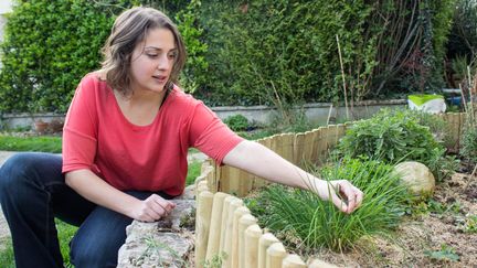 Aurélie, blogueuse culinaire végétalienne, cueille des herbes dans le jardin de son domicile, à Taverny&nbsp;(Val-d'Oise), le 19 mars 2014. (MATHIEU DEHLINGER / FRANCETV INFO)