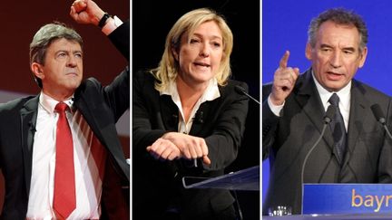 De gauche &agrave; droite, Jean-Luc M&eacute;lenchon, Marine Le Pen et Fran&ccedil;ois Bayrou, candidats &agrave; la pr&eacute;sidentielle qui se revendiquent tous trois "antisyst&egrave;me".&nbsp; (AFP PHOTO / MONTAGE FTVi)