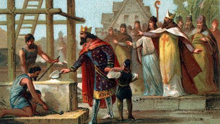 Illustration du Roi Dagobert posant la première pierre de l'Abbaye de St Denis.&nbsp; (STEFANO BIANCHETTI / CORBIS HISTORICAL / GETTY IMAGES)