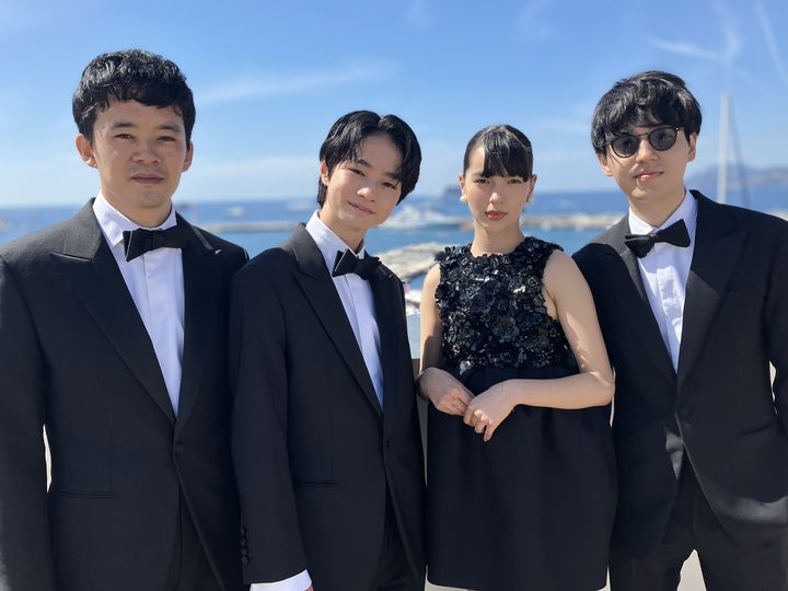 The film crew "My Sunshine" on the terrace of the Palais des Festivals in Cannes, May 19, 2024. (LAURENCE HOUOT / FRANCEINFO CULTURE)