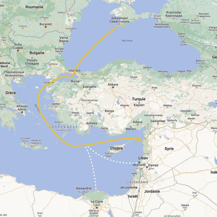 Le parcours en mer du cargo russe "Matros Pozynich", entre le 28 avril et le 12 mai 2022. Il a finalement accosté en Syrie.&nbsp; (GOOGLE MAPS / FRANCEINFO)