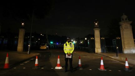 Un policier britannique monte la garde près de l'endroit où un homme armé d'un couteau a été arrêté et a blessé deux agents, le 25 août 2017, non loin&nbsp;de Buckingham Palace à Londres. (HANNAH MCKAY / REUTERS)