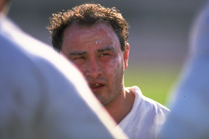 Le talonneur anglais Brian Moore à l'entraînement en janvier 1993, à Lanzarote, aux Iles Canaries. (MIKE HEWITT / GETTY IMAGES EUROPE)