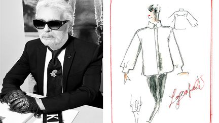 Portrait du couturier Karl Lagerfeld et chemise blanche dessinée par Karl Lagerfeld pour l'automne-hiver 2017-19 (PORTRAIT KARL LAGERFELD DE STEPHANE FEUGERE)