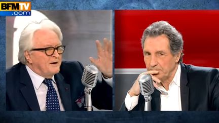 L'ancien ministre Roland Dumas (&agrave; gauche) sur le plateau de Jean-Jacques Bourdin, le 16 f&eacute;vrier 2015, en direct sur BFMTV et RMC. (BFMTV)