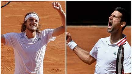 Djokovic disputera sa 29e finale en Grand Chelem, contre la première pour Tsitsipas. (Nicol Knightman / DPPI / AFP (à g.) / Filippo MONTEFORTE / AFP (à d.))