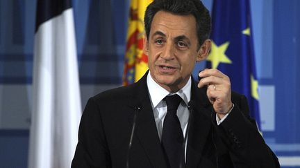 Nicolas Sarkozy lors d'une conf&eacute;rence de presse &agrave; Madrid, en Espagne, le 16 janvier 2012.&nbsp; (JMPIERRE-PHILIPPE MARCOU / AFP)