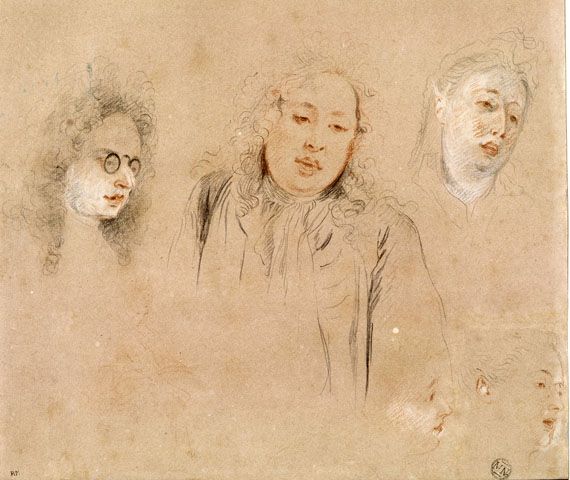 Antoine Watteau, "Deux &eacute;tudes de musiciens et d&rsquo;une chanteuse" (Antonio, Paccini, d&rsquo;Argenon). Trois crayons, mine de plomb et pastel bleu. Paris, mus&eacute;e du Louvre. (RMN-GRAND PALAIS (MUSÉE DU LOUVRE) / THIERRY LE MAGE)