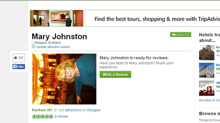 Le profil de Mary Johnston, r&eacute;pertori&eacute;e par le site TripAdvisor comme un mus&eacute;e de Glasgow (Ecosse). (TRIPADVISOR / FRANCETV INFO)