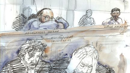 Dessin d'Abdelkader Merah er Fettah Malki&nbsp;dans la salle d'audience, le&nbsp;30 octobre 2017 à Paris. (BENOIT PEYRUCQ / AFP)