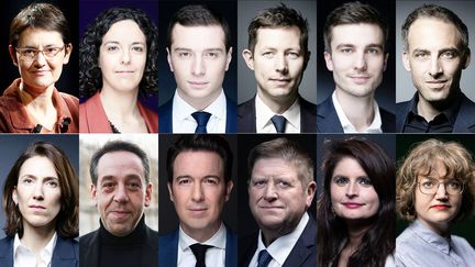 Les têtes de liste et candidats invités de "Demain l'Europe" : Nathalie Arthaud, Manon Aubry, Jordan Bardella, François-Xavier Bellamy, Léon Deffontaines, Raphaël Glucksmann, Valérie Hayer, Guillaume Lacroix, Guillaume Peltier, Willy Schraen, Hélène Thouy, Marie Toussaint. (JOEL SAGET/AFP - OLIVIER CORSAN/MAXPPP)